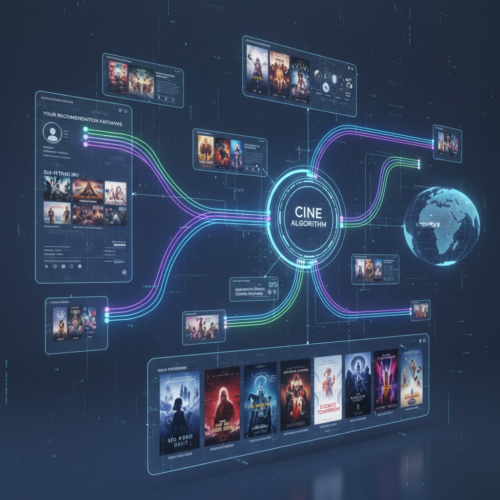 High-tech streaming UI close-up, digital recommendation pathways glowing in cool tones, cinematic 16:9