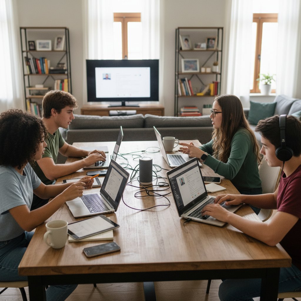Grupa licealistów uczących się online, różne urządzenia, atmosfera współpracy