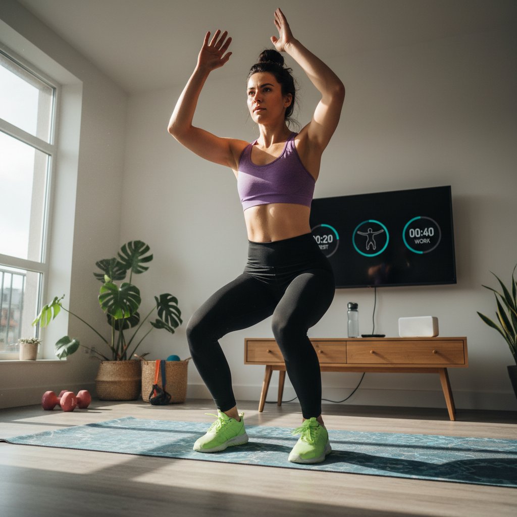 Kobieta podczas treningu HIIT w domowym salonie, dynamiczna poza