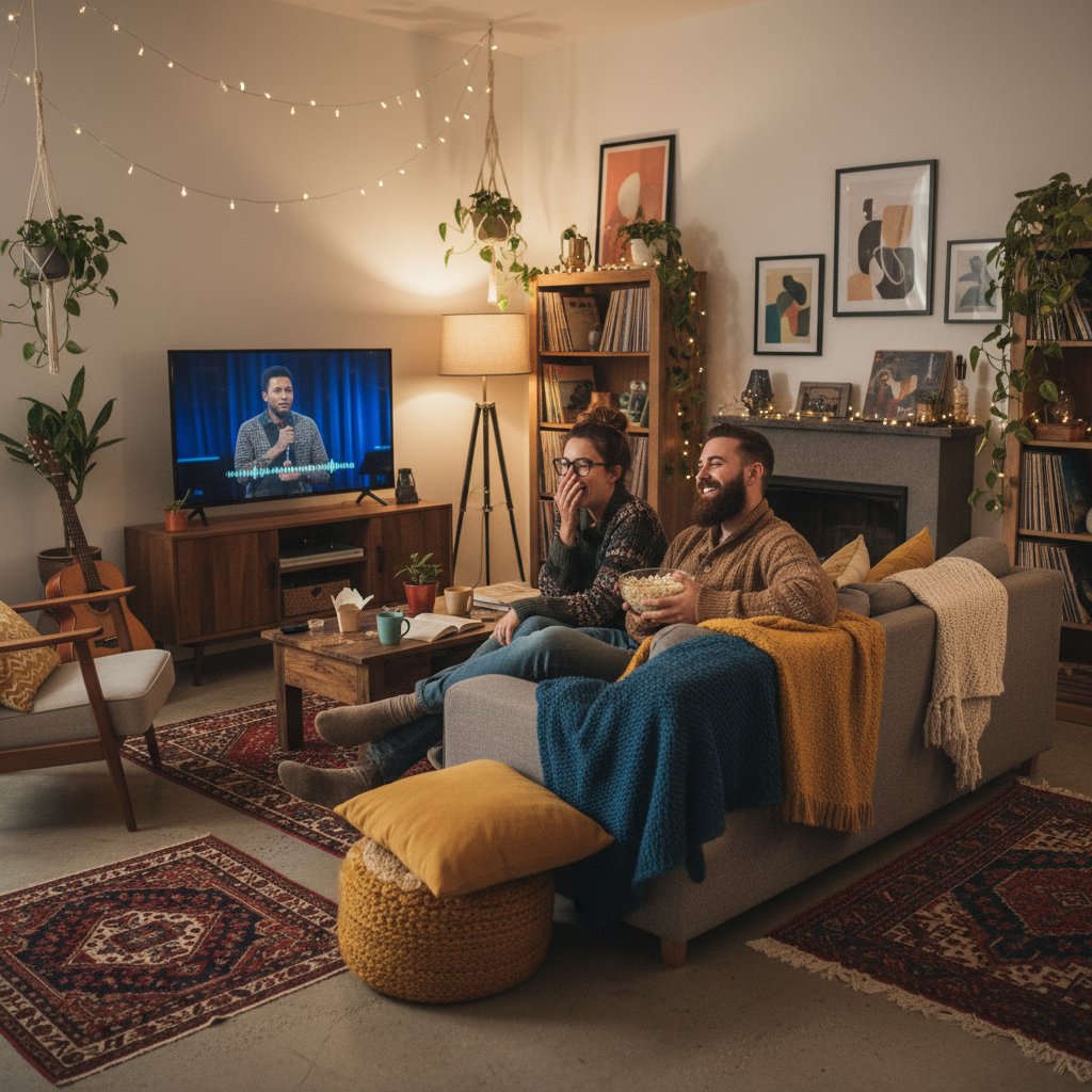 Couple excitedly watching a lesser-known comedy at home