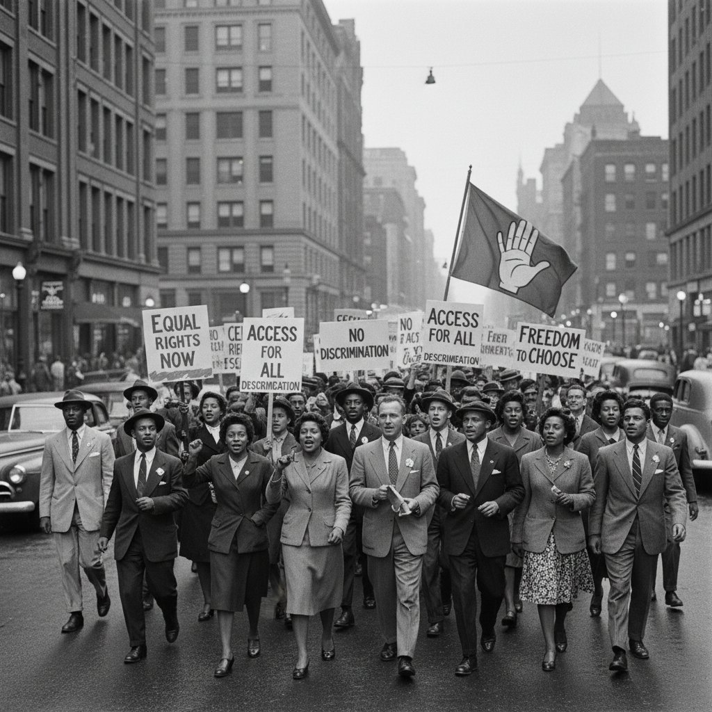 Historic advocacy for equal access in the 20th century, featuring diverse protestors in black-and-white urban scenes