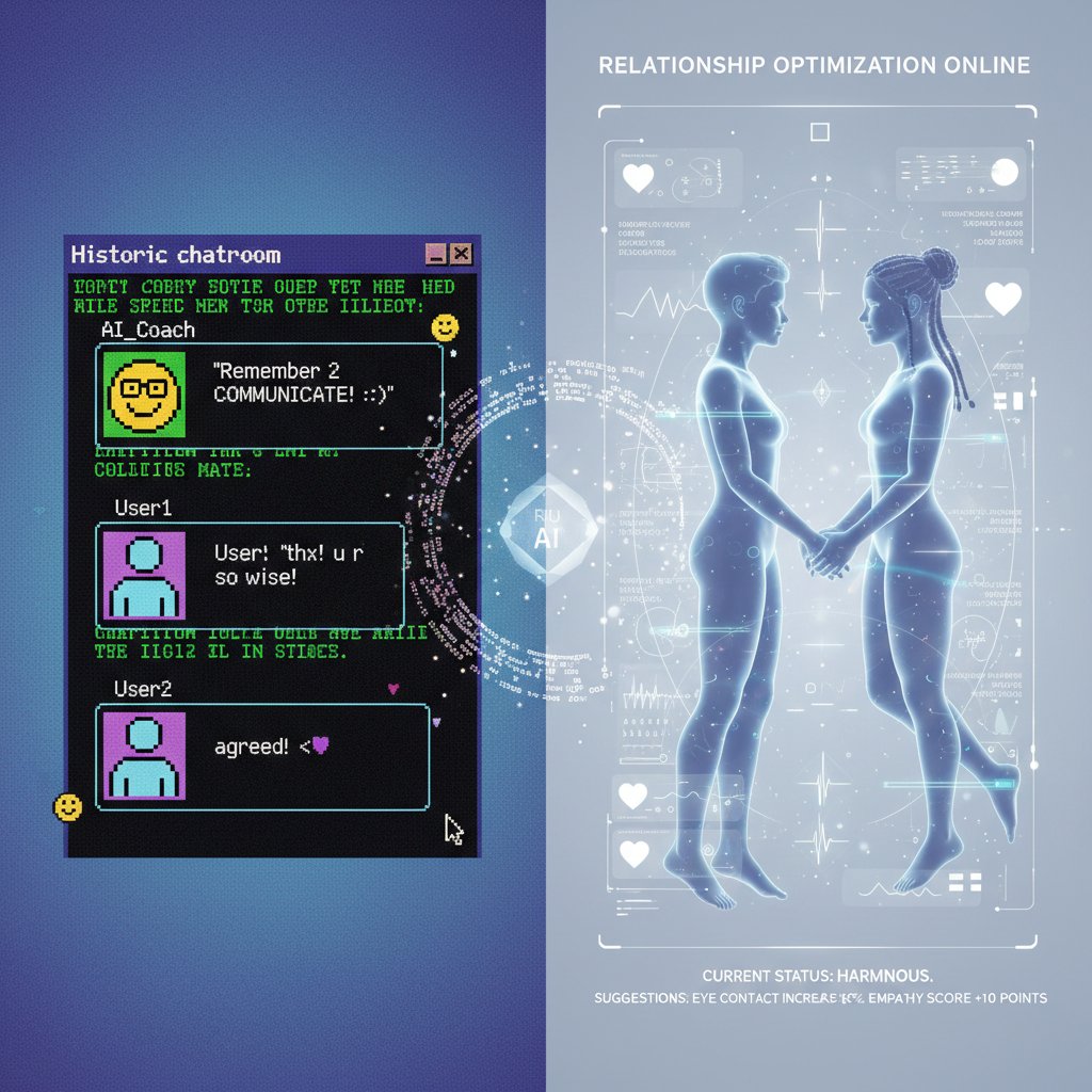 Historic chatroom on left, futuristic couple with AI coach on right, digital relationship improvement