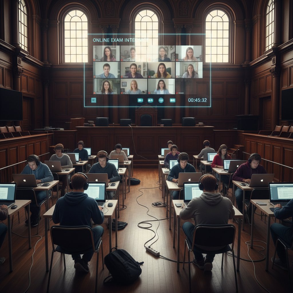 Nowoczesna sala egzaminacyjna wirtualna na tle historycznej auli