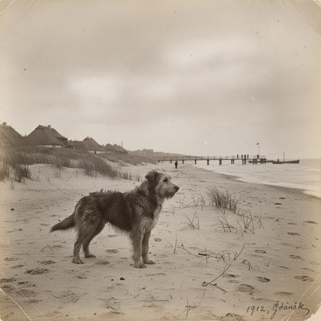 Historyczne zdjęcie psa na plaży w Polsce, podkreślające temat tabu i zakazów
