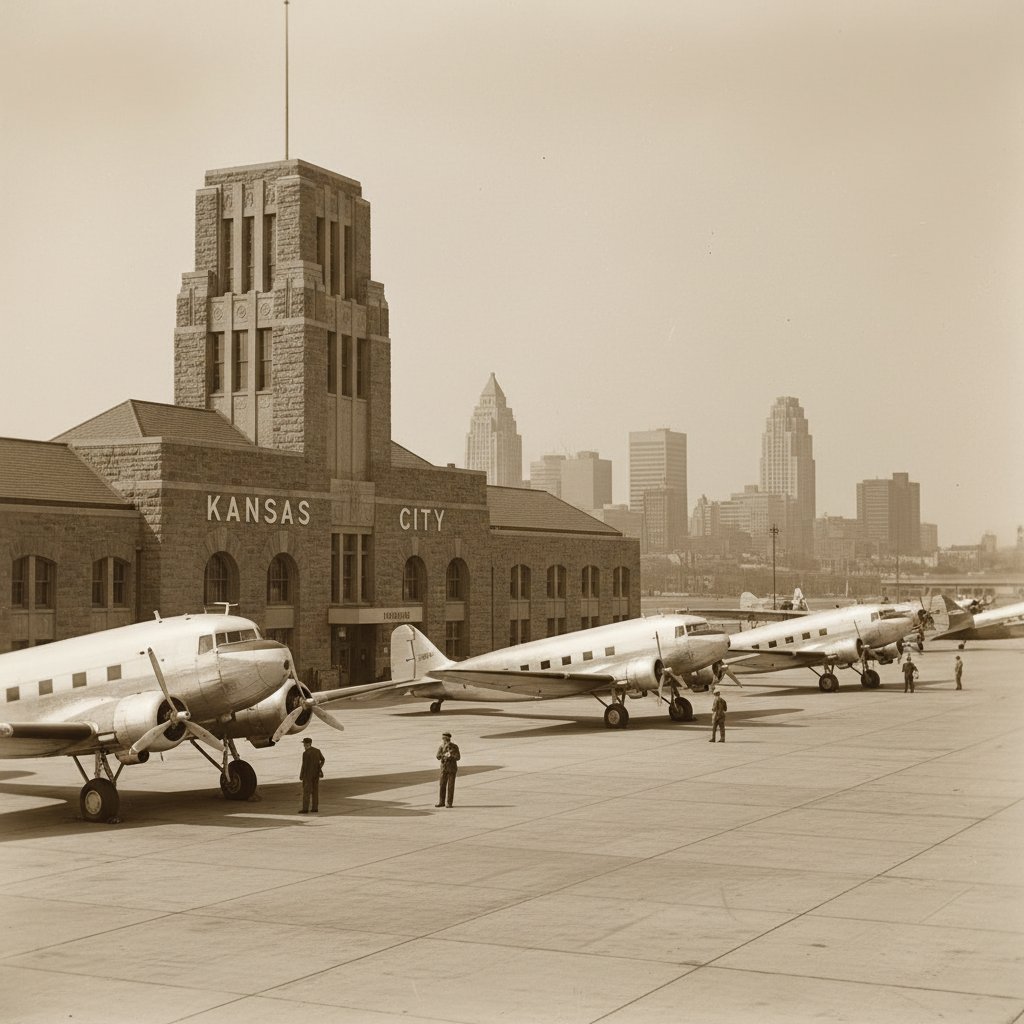 Historic Kansas City airport terminal with classic aircraft, sepia-toned photograph, flights to kansas city