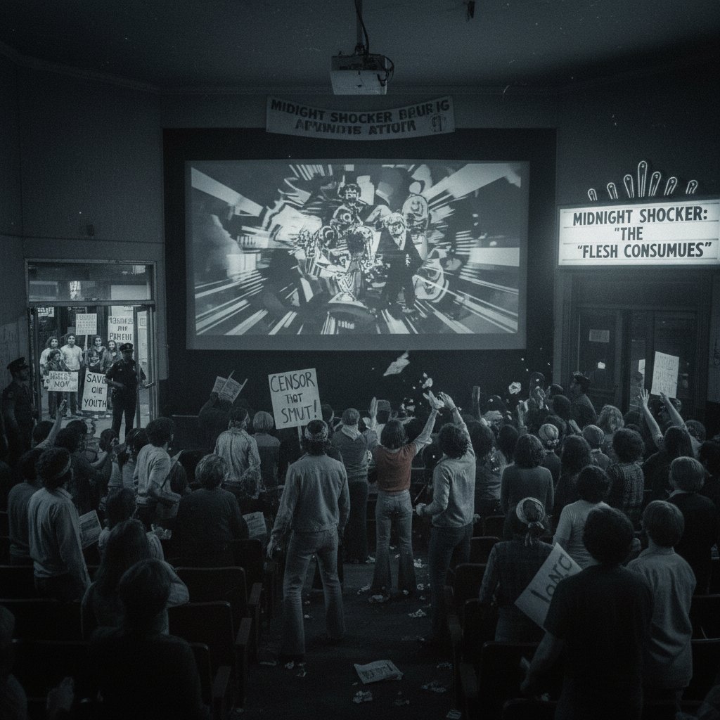 Historic photo-style: 1970s audience at controversial midnight movie, intense energy and protest signs