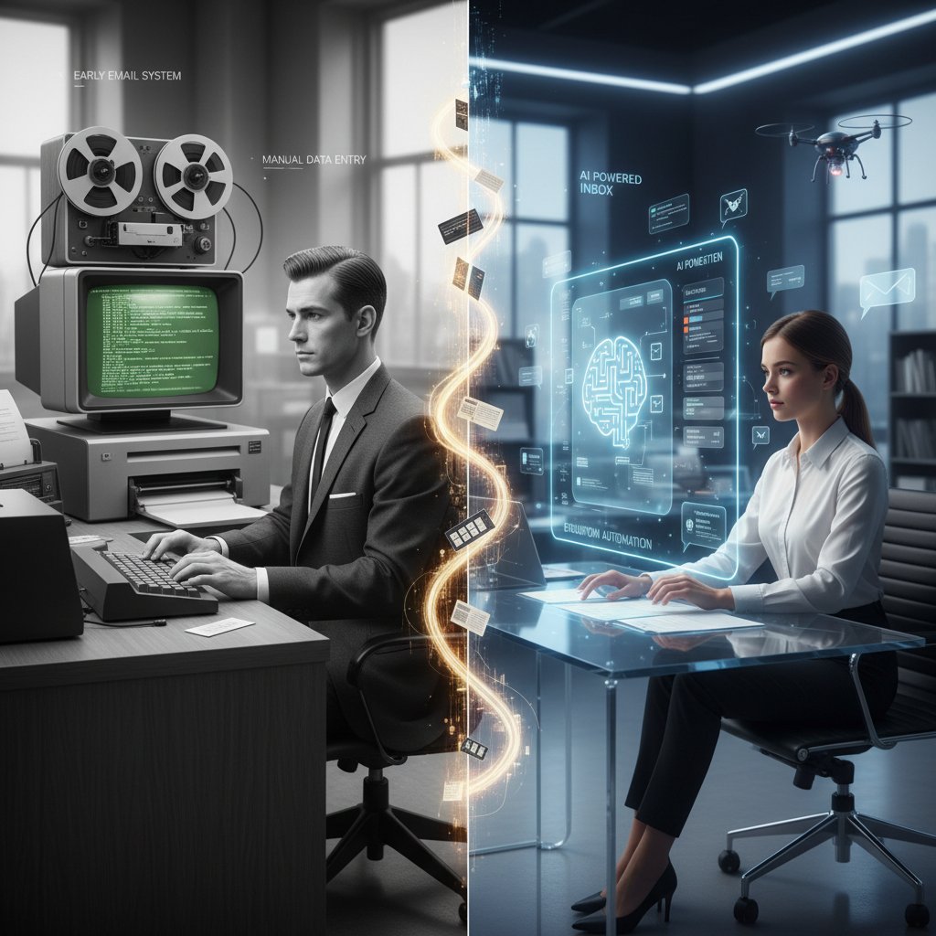 Historic office worker using early email system contrasted with modern AI-powered inbox