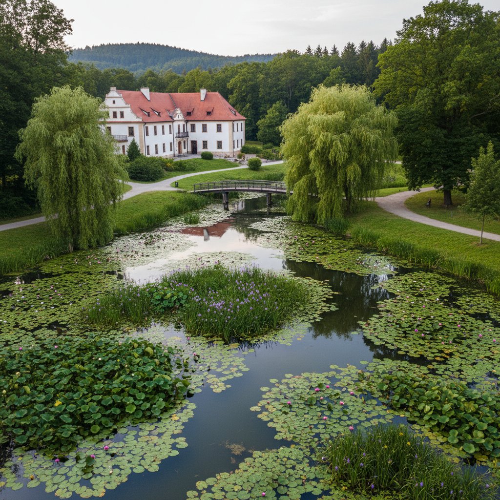 Historyczny staw z roślinami wodnymi w Polsce
