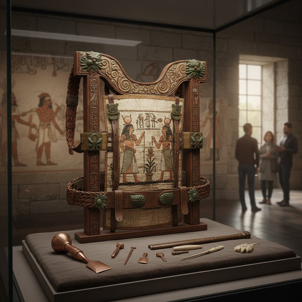 Photograph of restored historical back support tools, including Egyptian and Asian designs