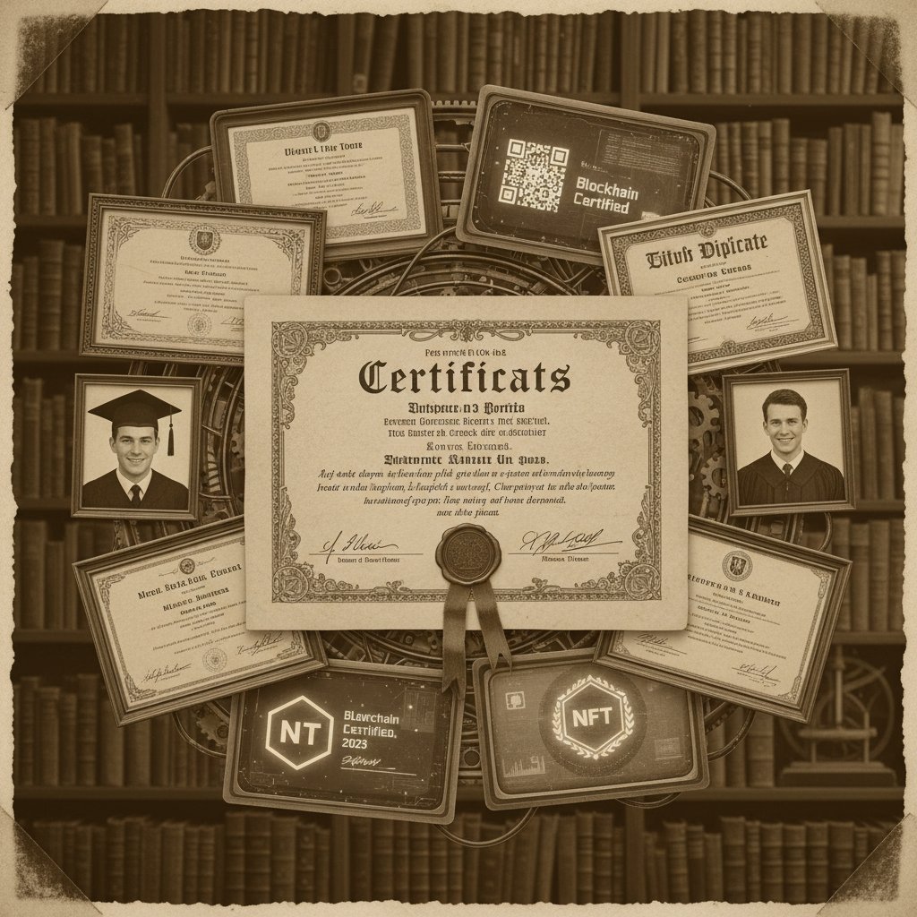 Historical collage of academic diplomas transitioning into digital certificates, sepia tones, online academic researcher certification programs