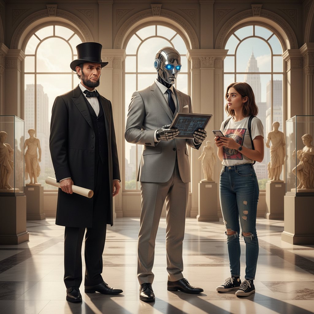 Symboliczna scena: różnorodne postaci historyczne, robot humanoidalny i współczesny człowiek stojący razem