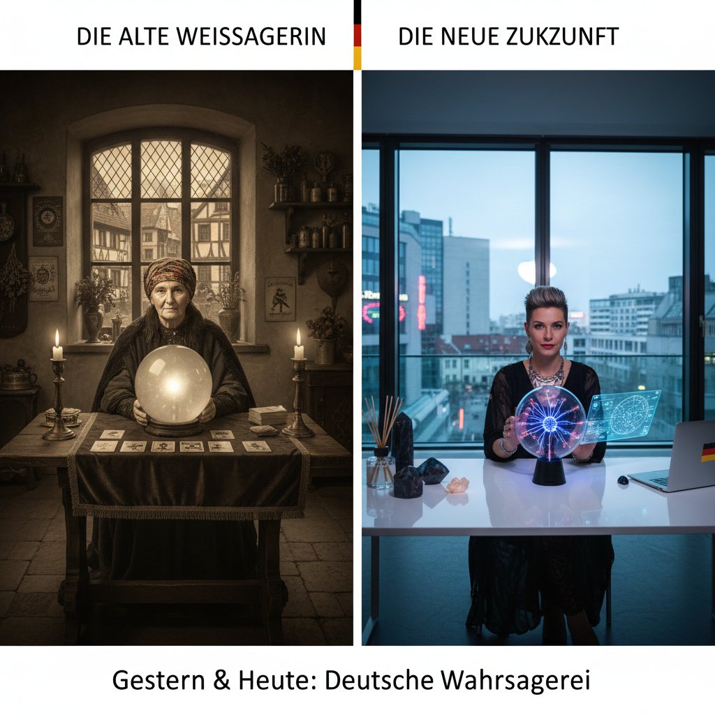 Historische Szene, Wahrsagerin mit Kristallkugel, deutsches Setting, Vergleich alt und neu