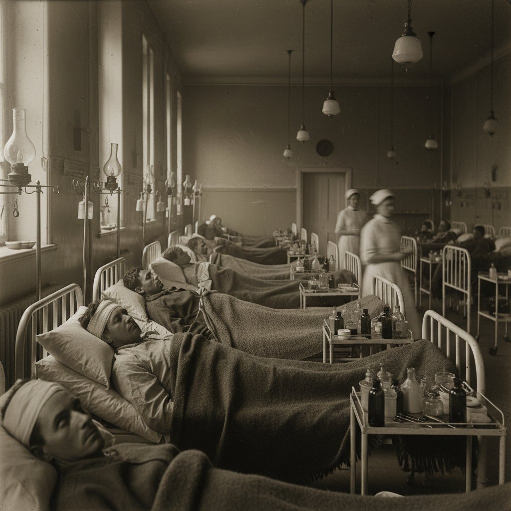 Historyczna sala szpitalna z pacjentami doświadczającymi manii