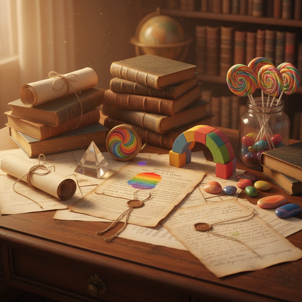 Historyczne dokumenty związane z prawami LGBT na biurku, z tęczowymi akcentami