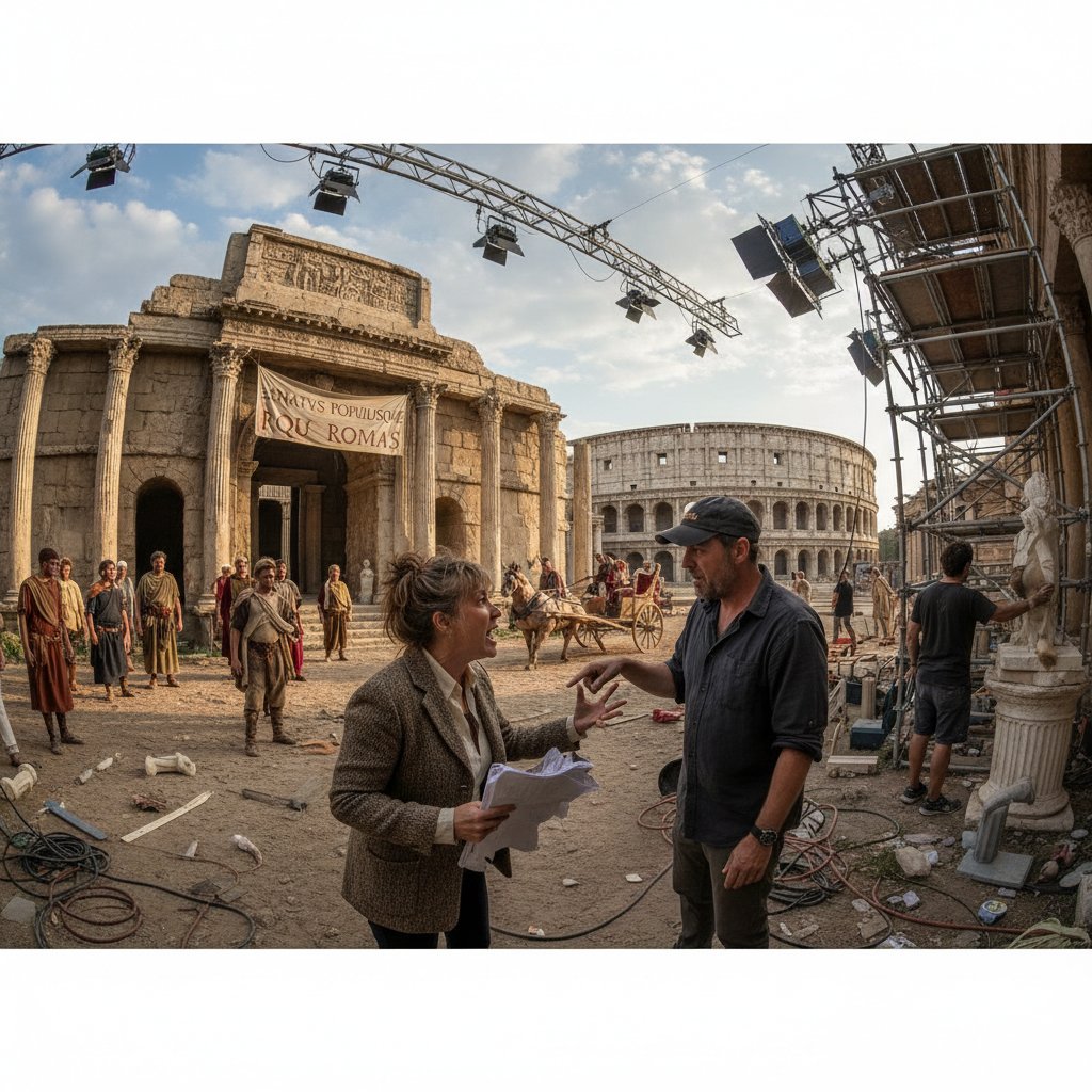 Busy movie set with actors in period costumes, director consulting a historian who looks frustrated. Authentic, slightly chaotic, 16:9.