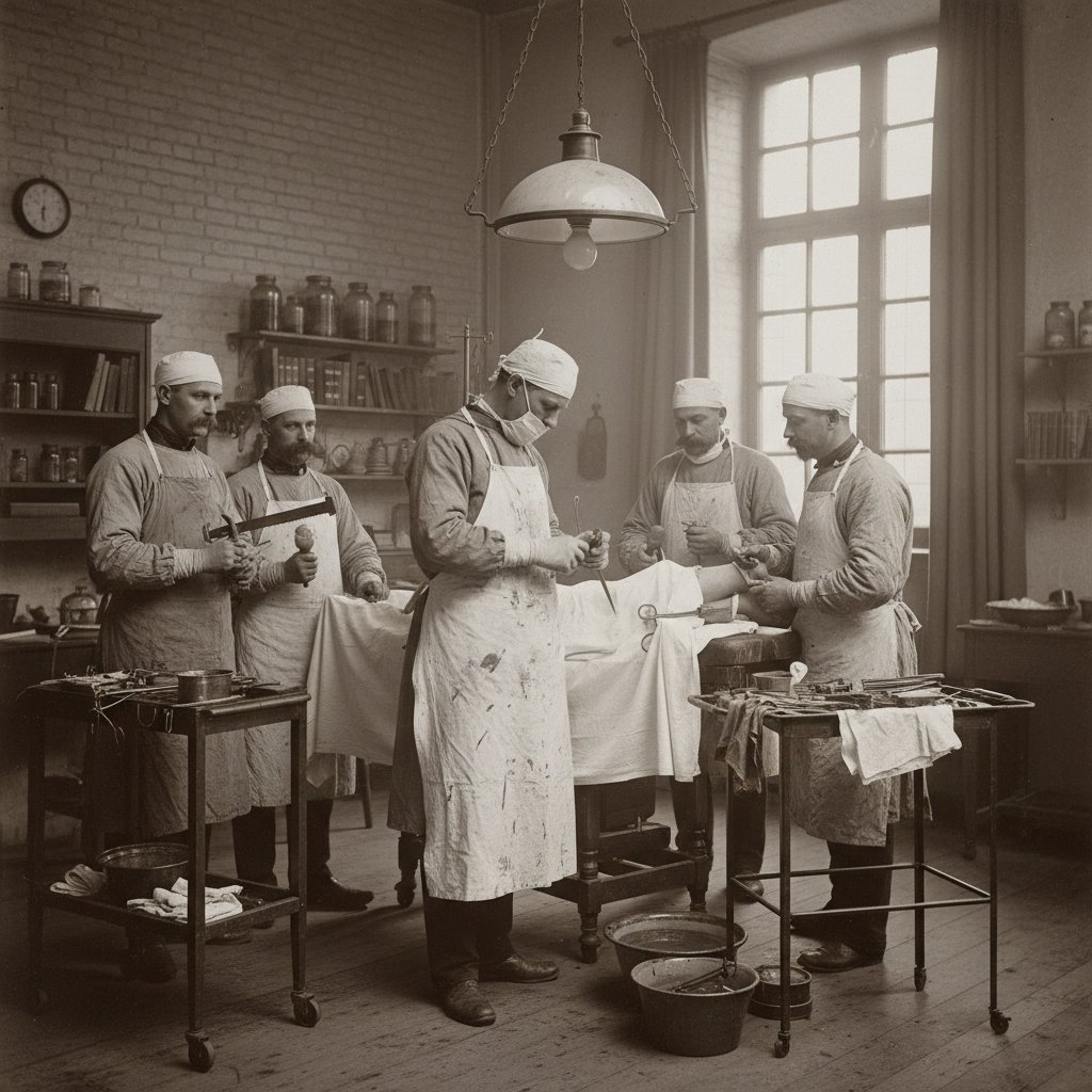 Stare zdjęcie sali operacyjnej z epoki pionierów ortopedii w Europie