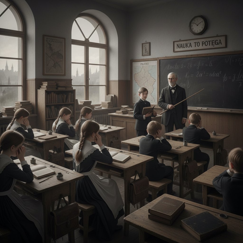Historyczna sala lekcyjna w polskiej szkole, symbolizująca presję edukacyjną