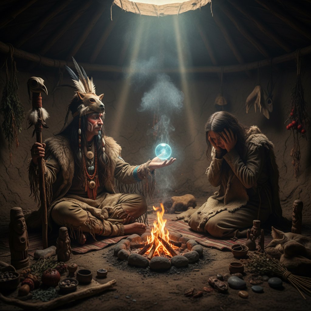 Historische Aufnahme eines Rituals mit Schamanen und Hilfesuchenden, Symbol für Krisenhilfe