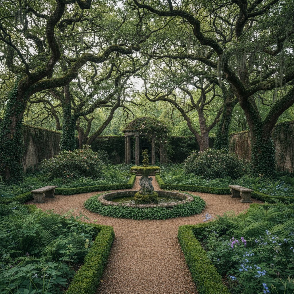 Historyczny ogród cienisty z rozłożystymi drzewami i klasycznym układem rabat