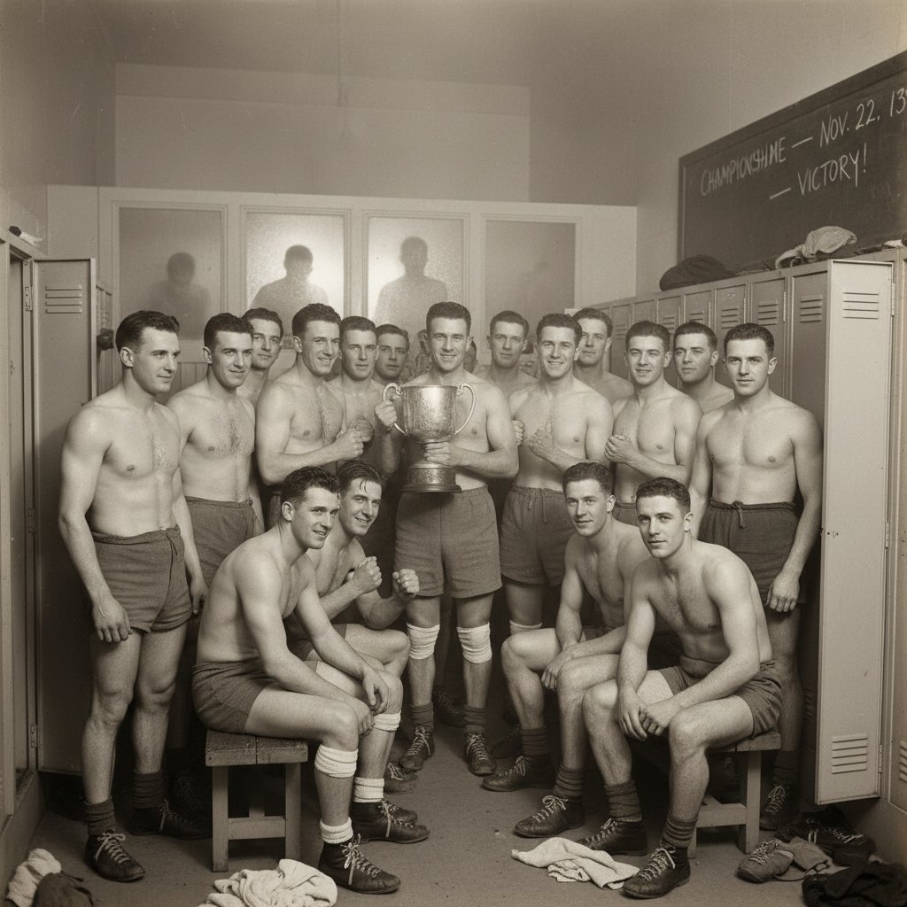 Historia przygotowań sezonowych w sporcie w Polsce – zdjęcie archiwalne grupy sportowców w szatni