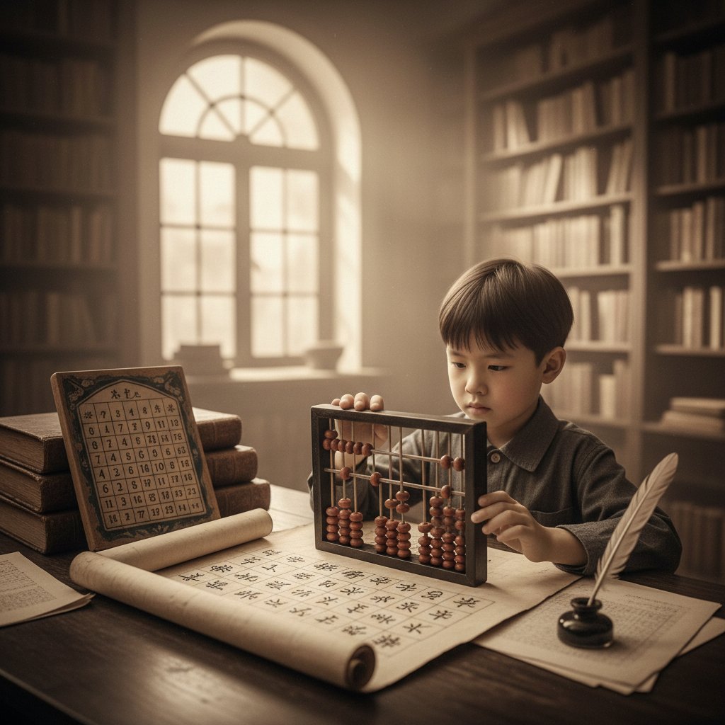 Historyczne znaczenie tabliczki mnożenia w edukacji, dziecko z książką i starym liczydłem