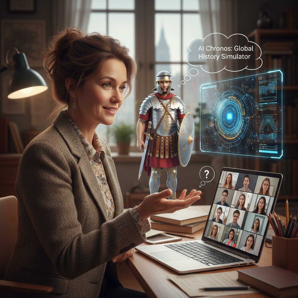 Nowoczesny nauczyciel historii korzystający z AI na laptopie podczas lekcji online