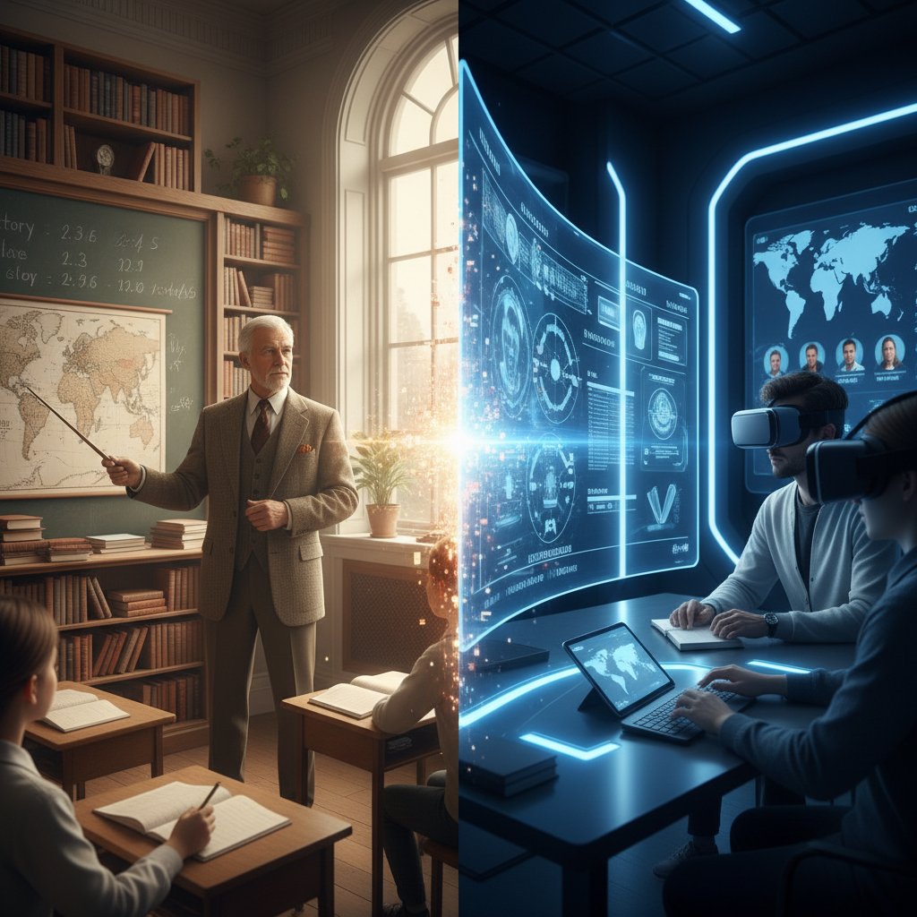 Nauczyciel prowadzący tradycyjną lekcję historii w klasie, kontrastujący z cyfrowymi rozwiązaniami