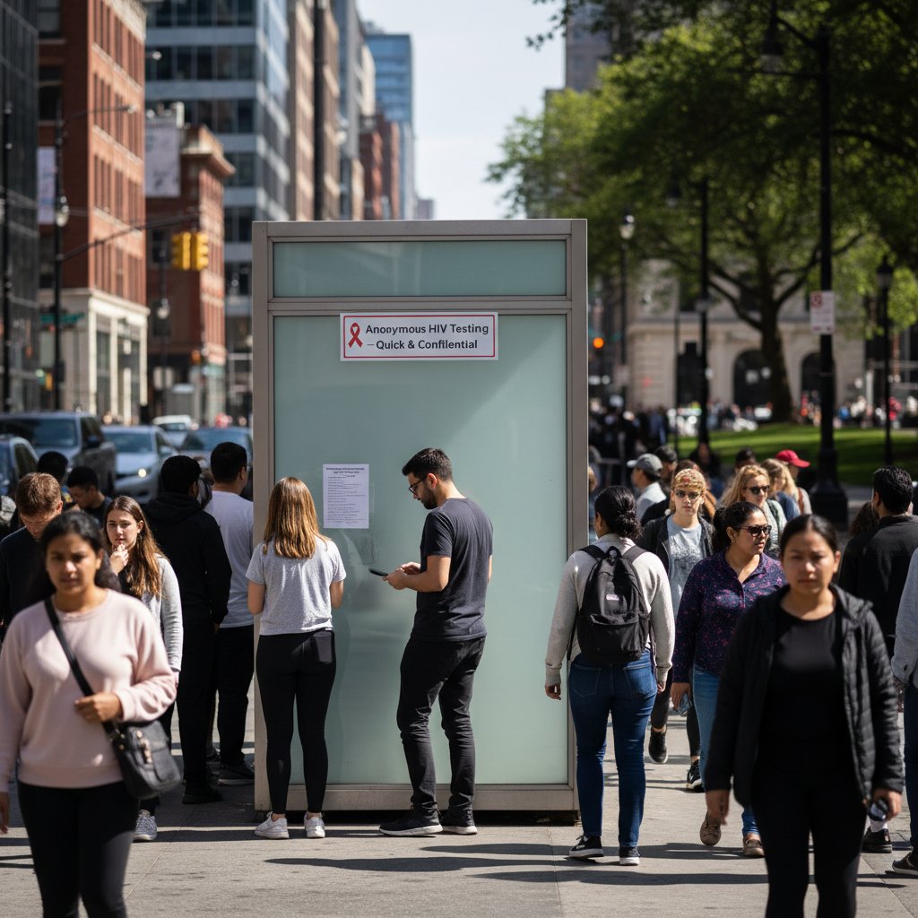 Zdjęcie ręki z kartką „Test HIV = życie”, z tłumem w tle – symbolizujące anonimowe testy i przełamywanie tabu