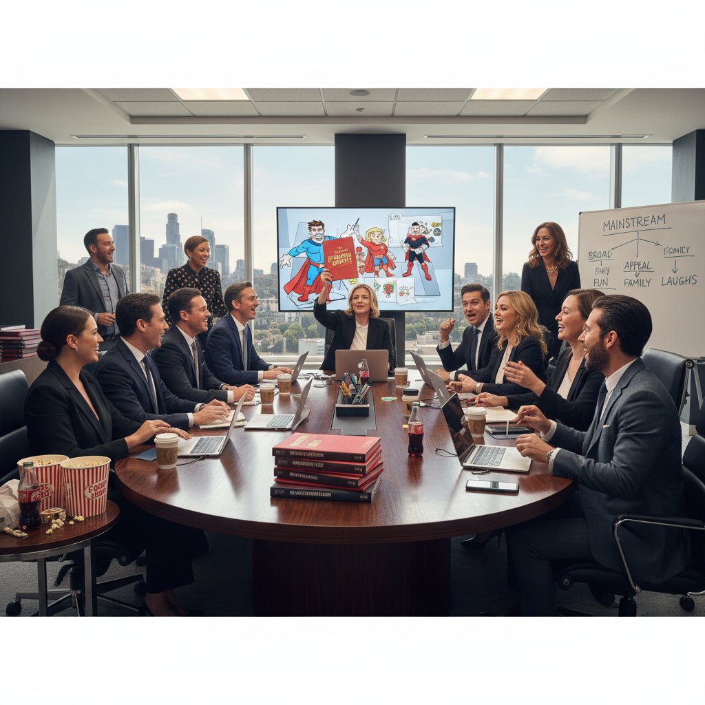 Hollywood studio boardroom with execs debating comedy scripts, highlighting decision-making in mainstream comedy cinema