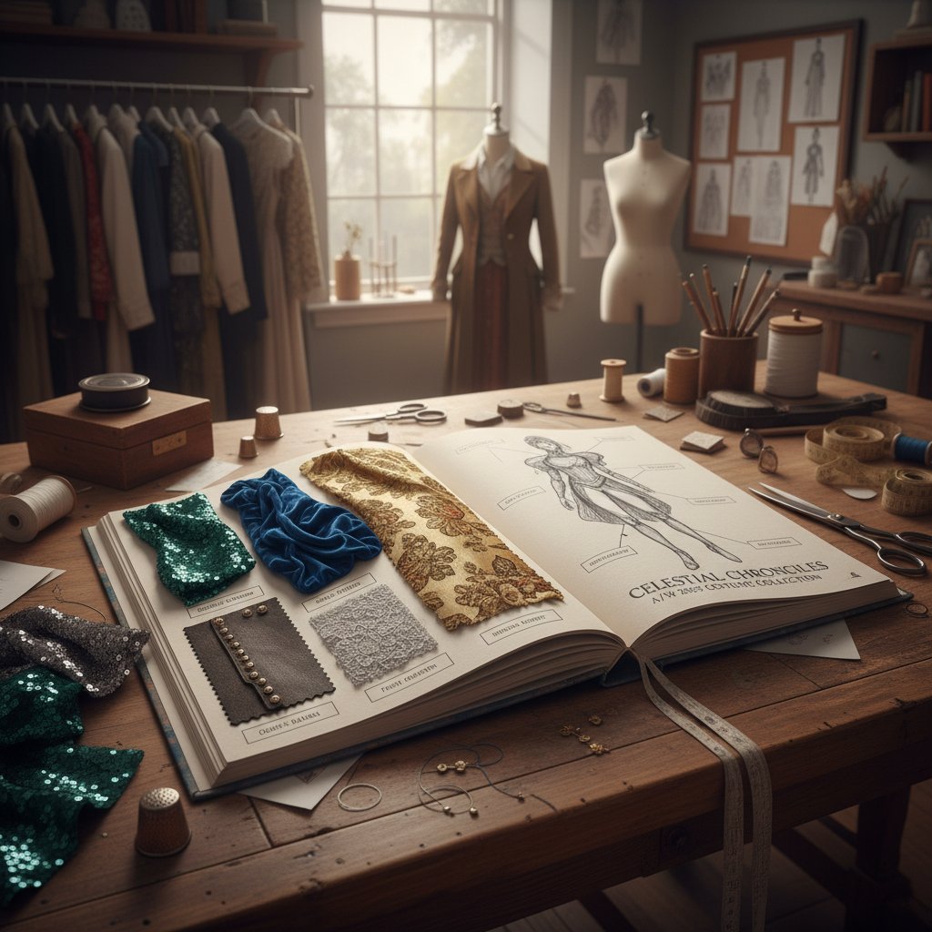 Vintage Hollywood costume designer holding a lookbook and fabric samples in a bustling studio