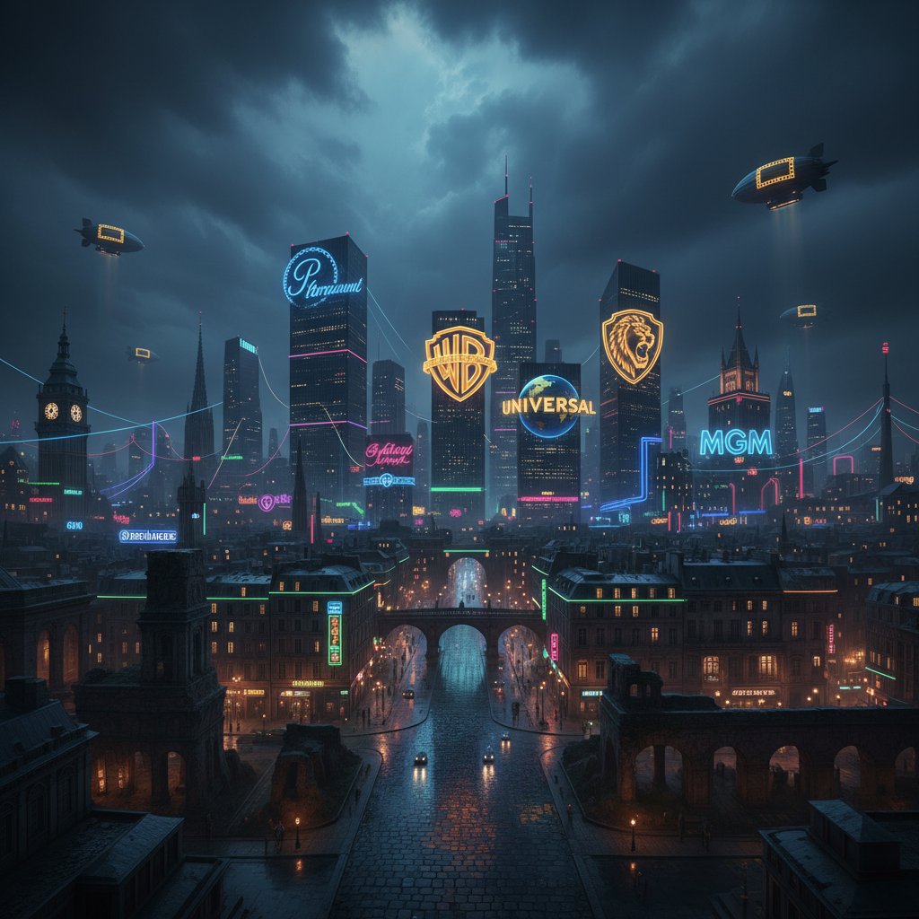 Hollywood logos dissolving over European urban night, cinematic moody cityscapes and neon