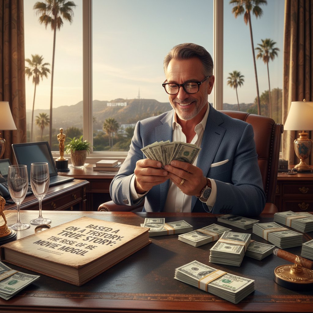 Hollywood producer counting money with scripts labeled 'based on a true story' on the desk. Satirical, edgy, 16:9.