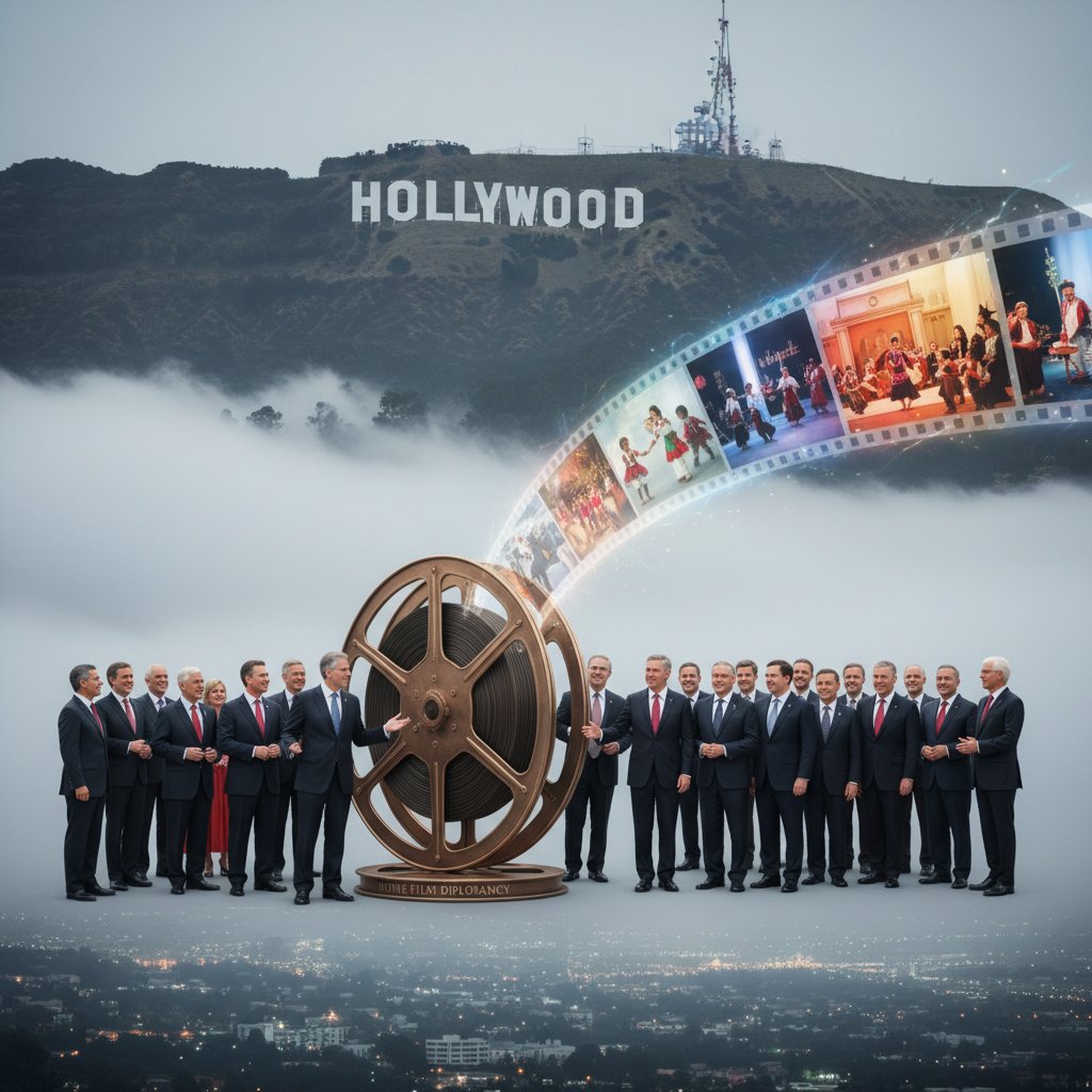 Hollywood sign shrouded in mist, silhouettes of politicians and film reels, symbolic photo, mysterious, edgy, movie film diplomacy