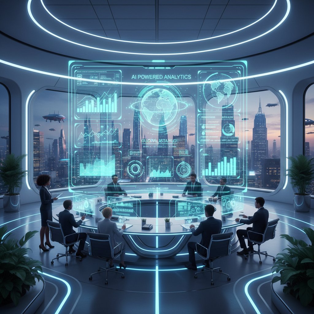 Futuristic photo of a holographic data dashboard in use by a diverse professional team