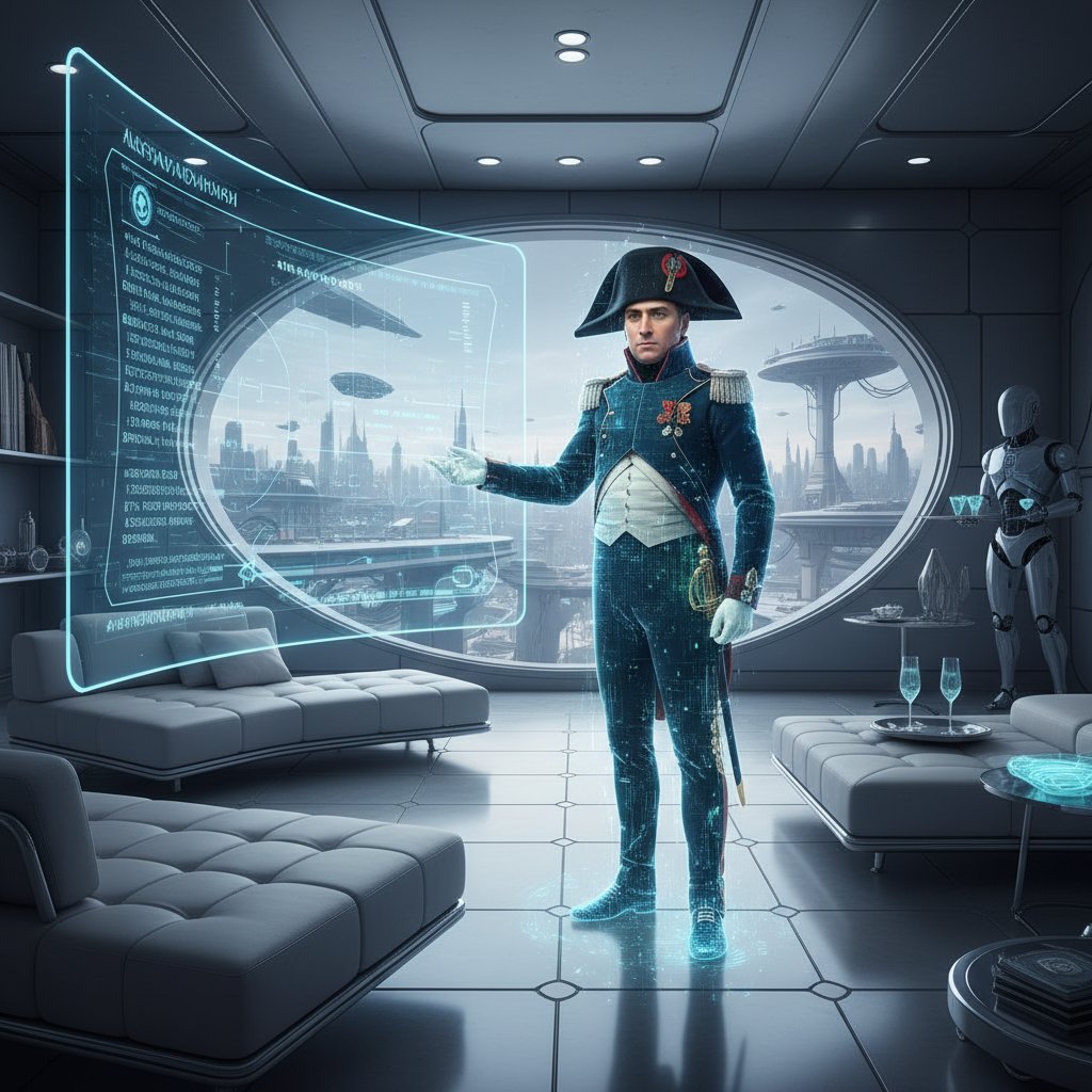 Hologram historycznej postaci w futurystycznym domu, przyszłość cyfrowych awatarów