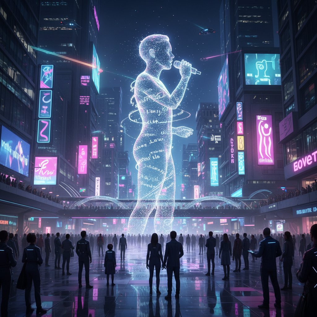 Holographic poetry recitation in a neon-lit urban public square, futuristic digital remembrance