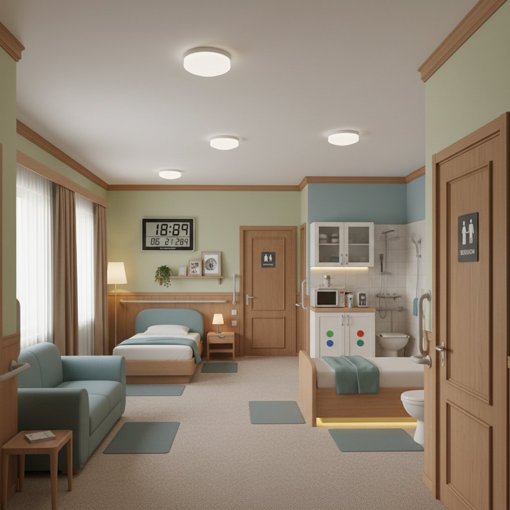 Wnętrze domu przystosowanego dla osoby z otępieniem, elementy bezpieczeństwa