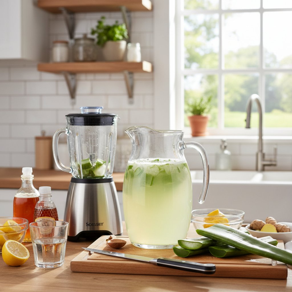 Domowa kuchnia z osobą przygotowującą sok z aloesu, świeże liście, naturalne światło