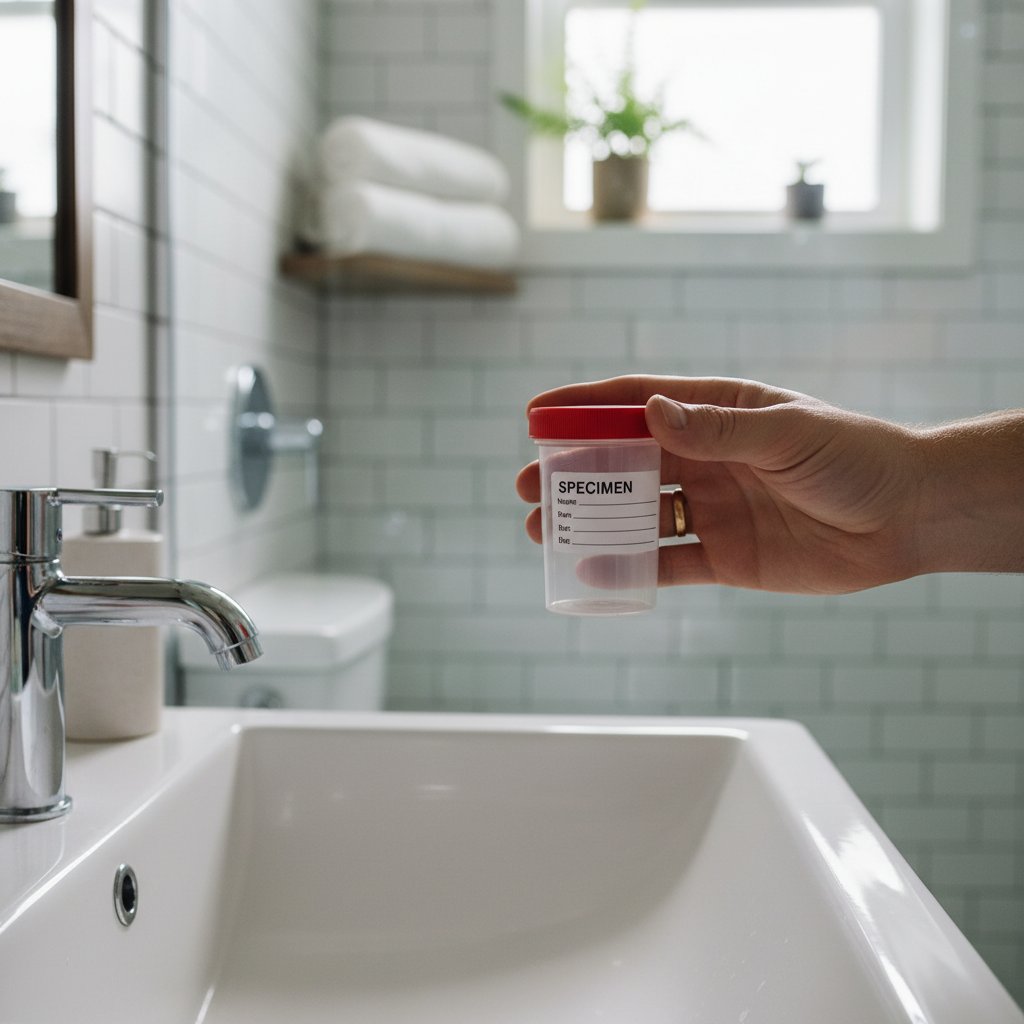 Pobieranie próbki do badania kalprotektyny w domu, łazienka, ręka z pojemnikiem