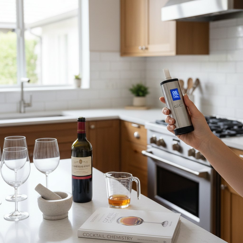 Osoba wykonująca poprawny pomiar alkometrem domowym w kuchni – krok po kroku