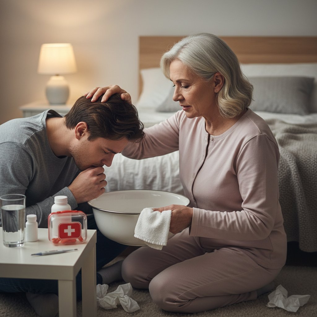 Domowa scena, osoba opiekująca się bliskim z objawami wymiotów – pierwsza pomoc w praktyce