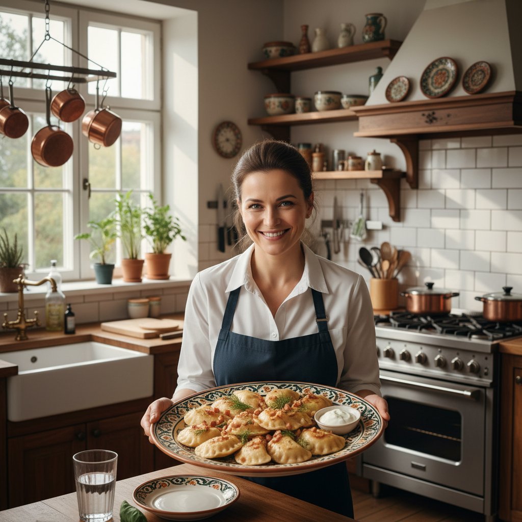 Domowa kuchnia z uśmiechniętą osobą prezentującą perfekcyjnie przygotowane danie, światło naturalne, satysfakcja