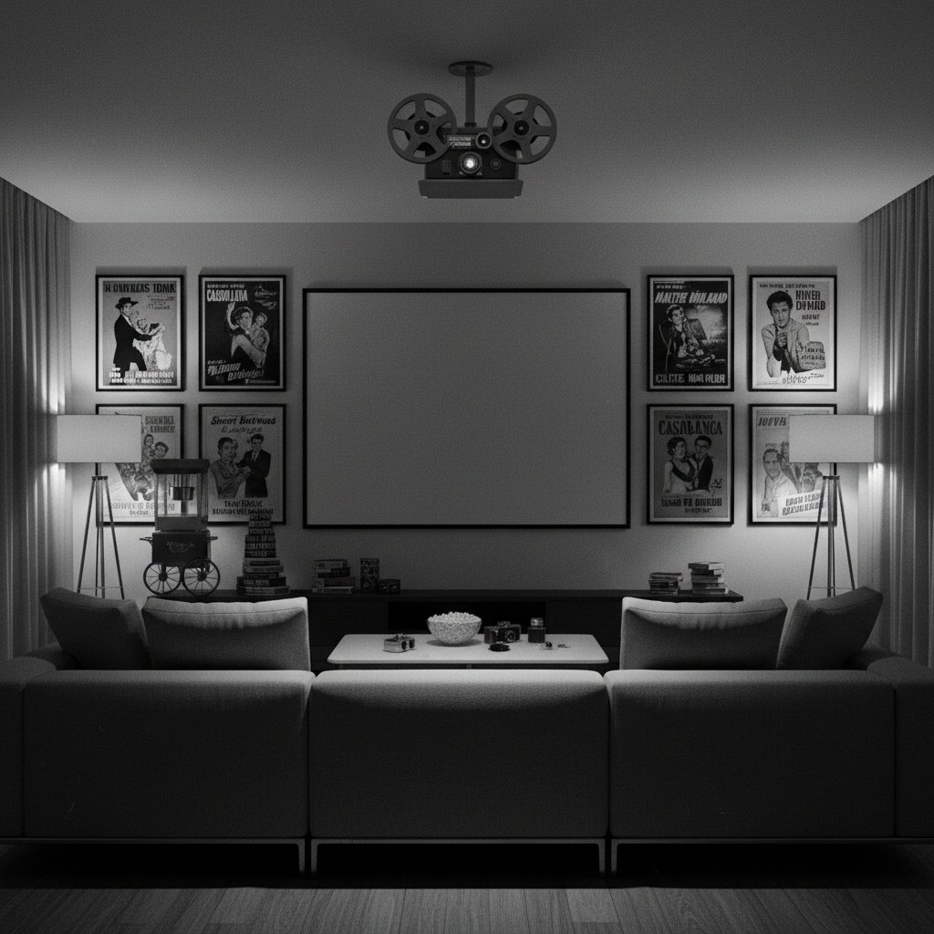 Home cinema for black and white film night, modern living room with projector and vintage movie posters