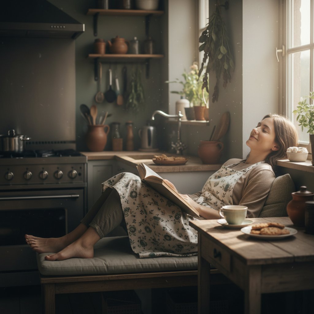 Domowy kucharz odpoczywający po gotowaniu, rozluźniona atmosfera, porady kulinarne