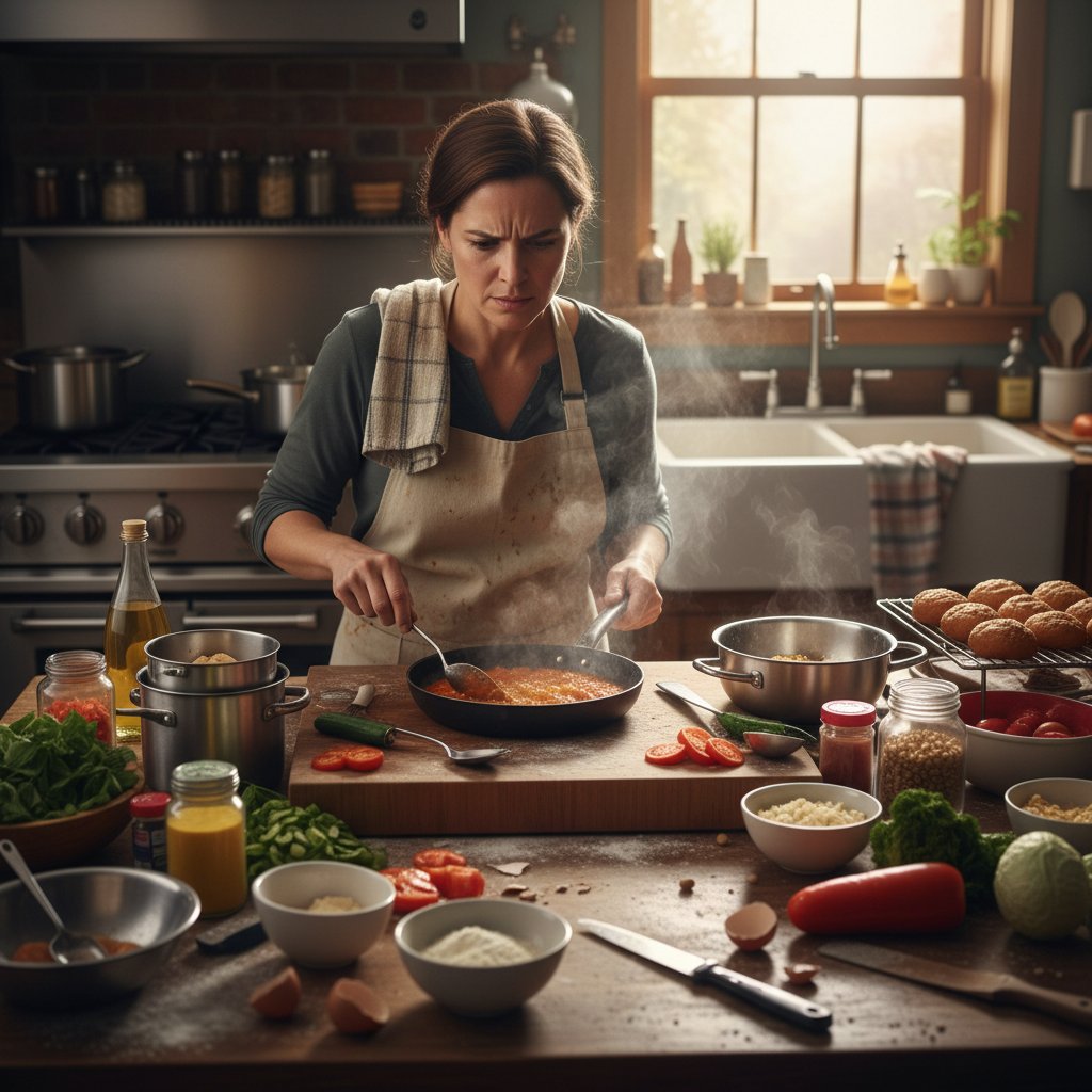 Domowy kucharz w skupieniu, gotujący w niecodziennym otoczeniu, profesjonalne gotowanie w domu