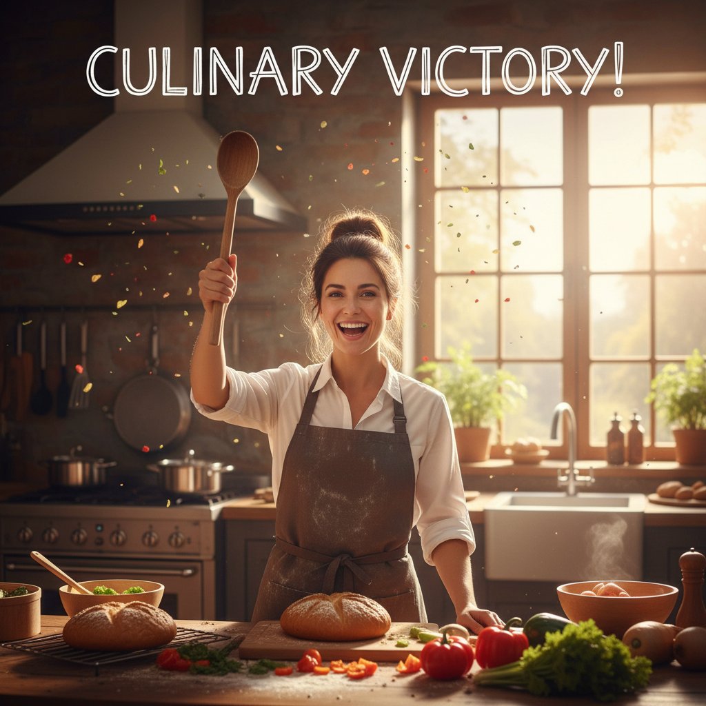 Domowy kucharz wznoszący łyżkę w geście zwycięstwa – triumf kreatywności w kuchni domowej