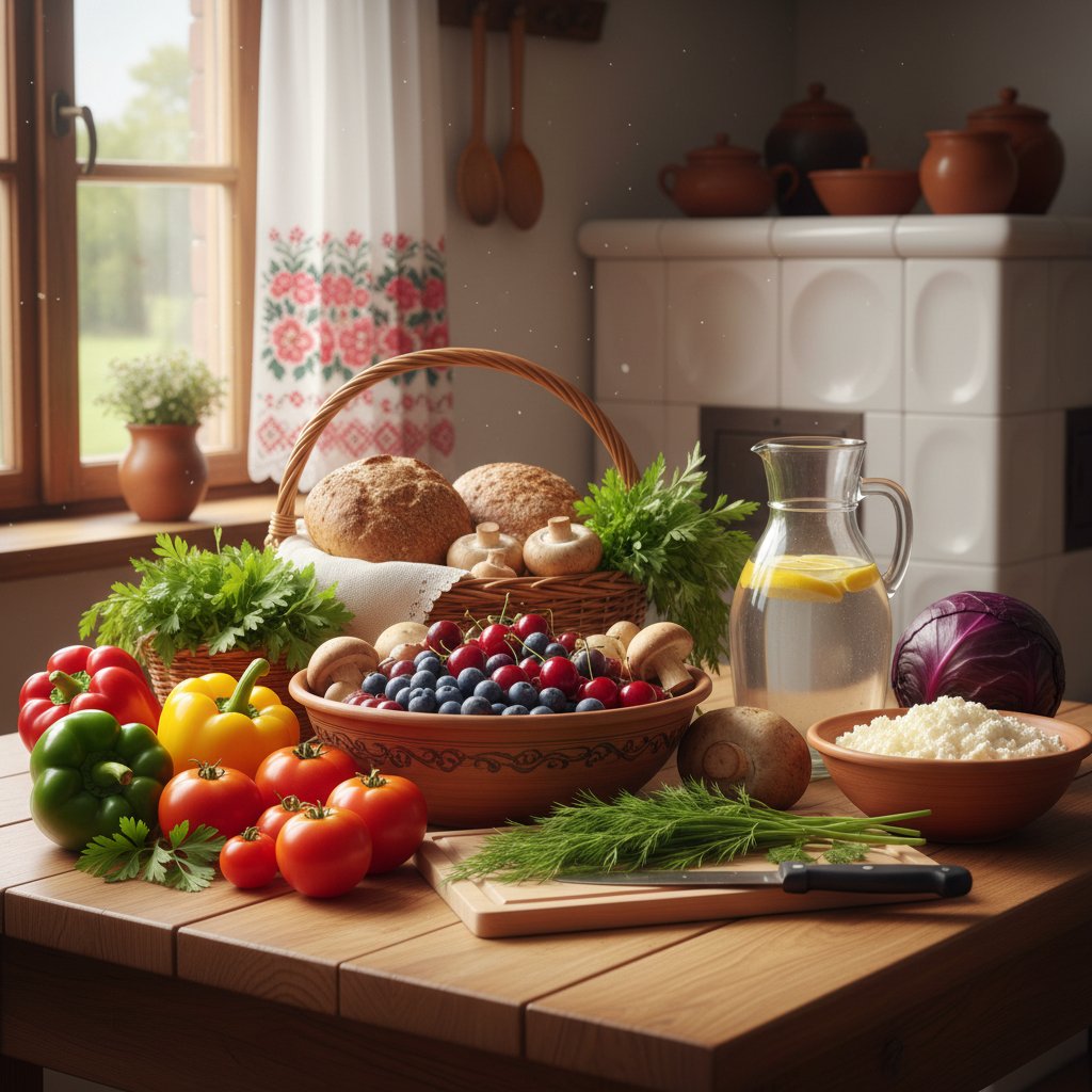 Domowa kuchnia z różnorodnymi świeżymi składnikami na stole, światło dzienne, naturalny klimat