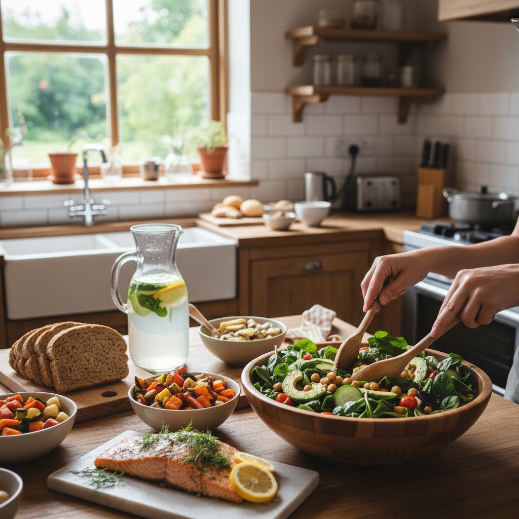 Domowa kuchnia, w której osoba przygotowuje zdrowe posiłki według zaleceń dietetycznych online