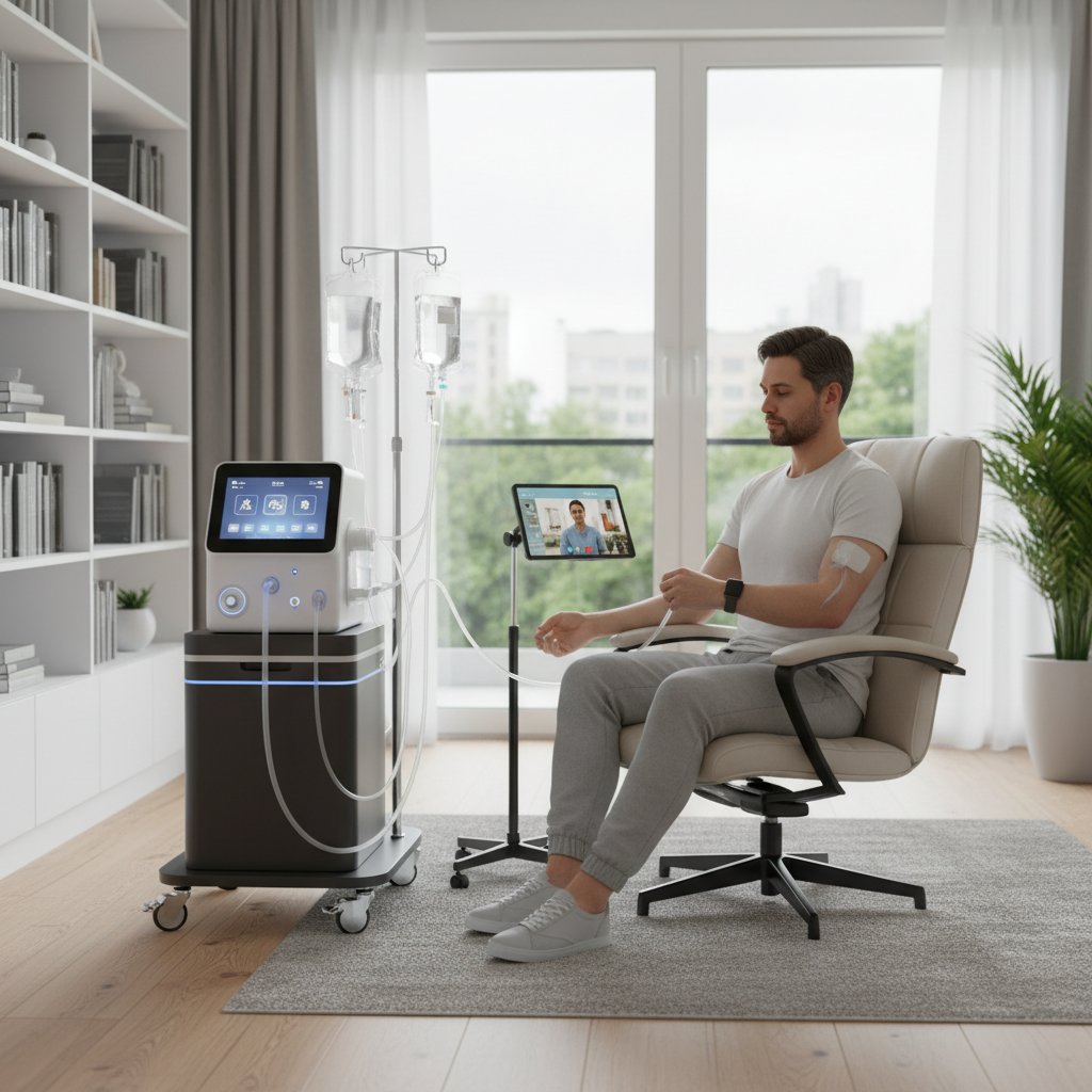 Nowoczesna aparatura do dializy w mieszkaniu, pacjent przygotowuje sprzęt, słowa kluczowe dializa domowa, technologia