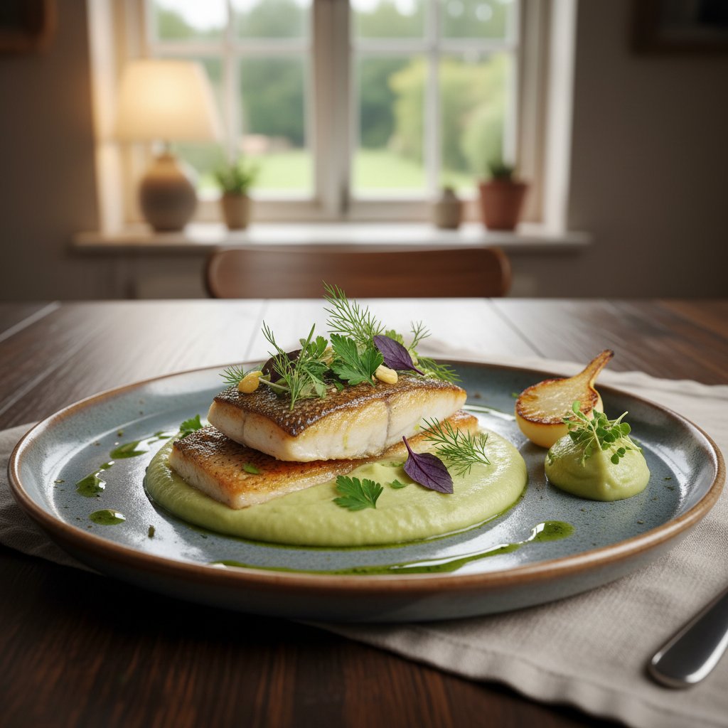 Wykwintny domowy talerz z pieczonym szczupakiem, puree z kalarepy i świeżymi ziołami